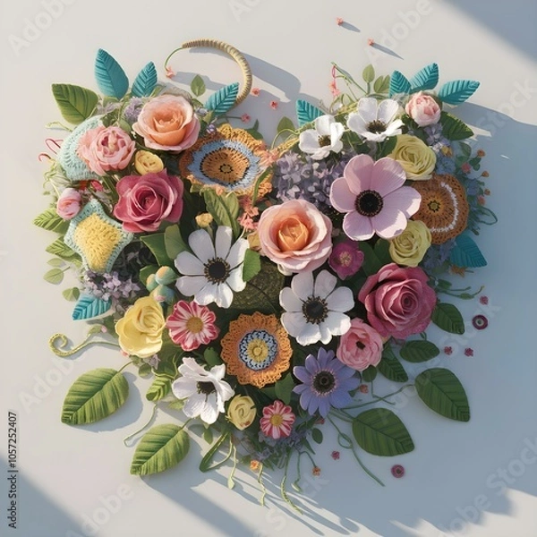 Obraz Embriodered floral bouquet in the shape of a heart. Crocheted summer wildflowers are gathered in an exquisite delicate bouquet. grass, beads, leaves, twigs.