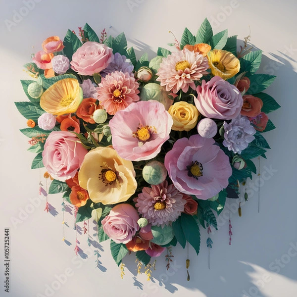 Obraz Floral bouquet in the shape of a heart. summer wildflowers are gathered in an exquisite delicate bouquet. grass, beads, leaves, twigs