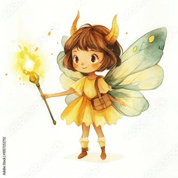 Fototapeta Cute fairy character, watercolor style, with wings and a glowing wand, white background
