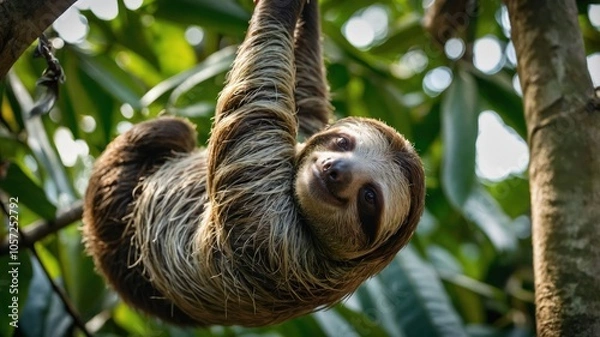 Fototapeta A sloth hanging from a branch in a lush green environment, showcasing its relaxed demeanor.