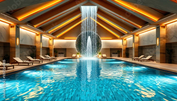 Obraz View of the luxurious modern interior of the spa and wellness center with sun loungers by the thermal pool with underwater lighting and a waterfall isolated with white highlights, png