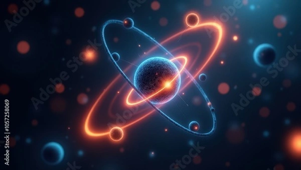 Fototapeta Abstract representation of an atom with vibrant, glowing electron paths around a central nucleus. Suitable for science, technology, and educational content.