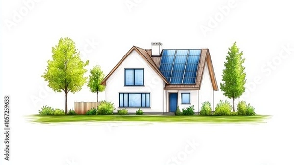 Fototapeta Symbolizing sustainable living, this eco-friendly house has solar panels and greenery.