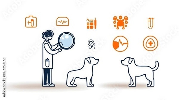 Fototapeta Sleek minimalist icon design depicting a veterinary professional examining a dog with a magnifying glass symbolizing pet checkups and healthcare services