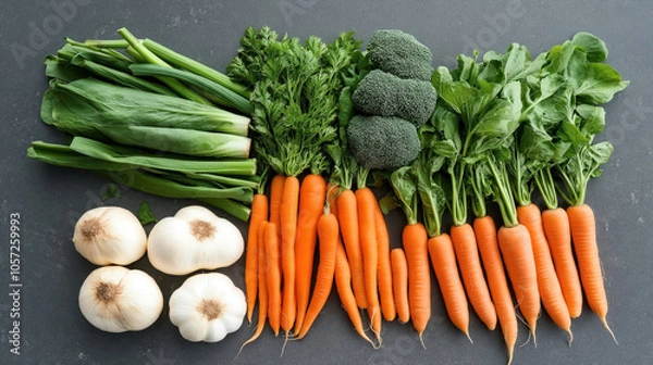Obraz Assortment of fresh vegetables including garlic, green onions, carrots, broccoli, and leafy greens arranged on a dark surface.