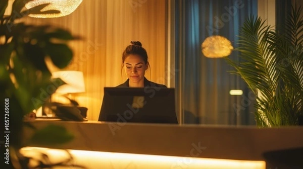 Fototapeta Courteous hotel receptionist working on a computer, warmly welcoming guests, well-lit and