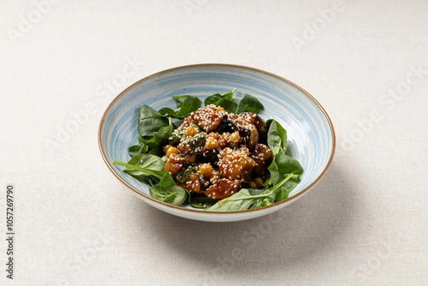 Obraz A delicious and settling salad of eggplant and fresh spinach. A vegetarian dish full of vitamins.