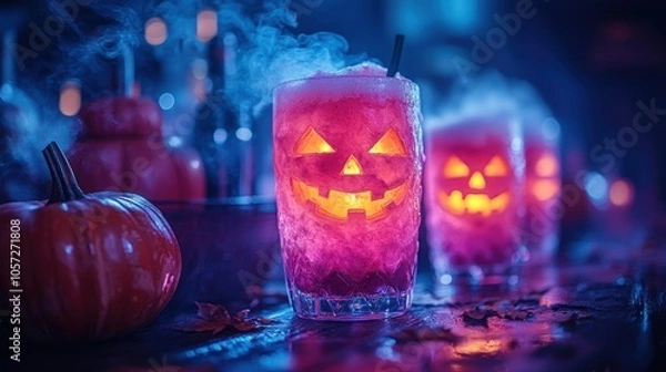 Fototapeta Halloween-themed drinks with glowing pumpkins and fog effects.