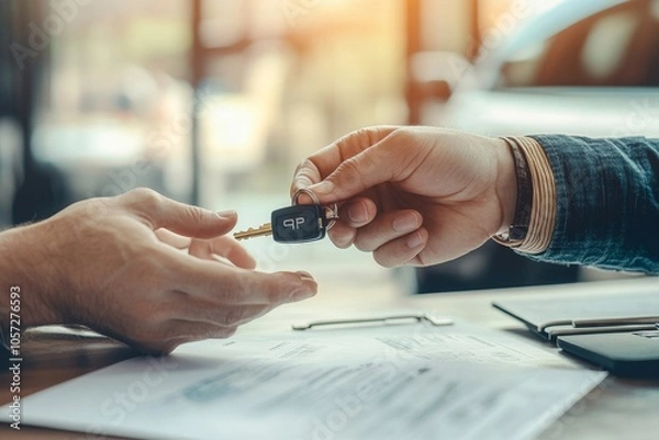 Fototapeta Agent in auto leasing giving key of car to client after all document and paperwork contract signed, Generative AI