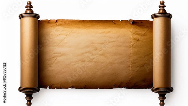 Fototapeta An ancient scroll in a horizontal position, unrolled on a white background.