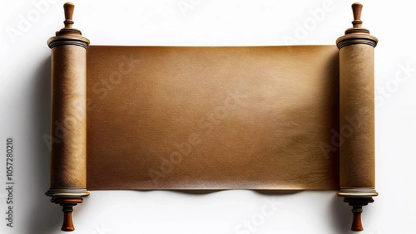 Fototapeta An ancient scroll in a horizontal position, unrolled on a white background.