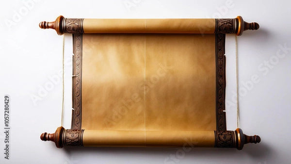 Fototapeta An ancient scroll in a vertical position, unrolled on a white background.