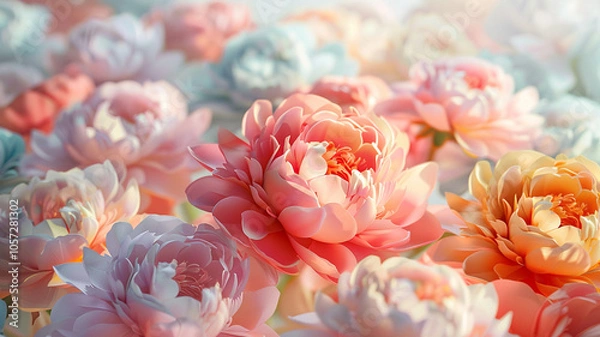 Fototapeta A guest bedroom that welcomes visitors with the warmth of 3D peony wallpaper, where the array of colors against a muted background creates a comfortable and inviting space for guests