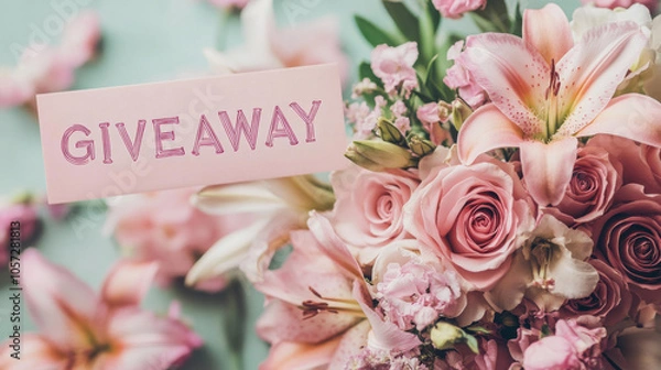 Obraz bouquet of fresh roses and lilies with a gift card, pastel background, text "GIVEAWAY" in large letters above, soft light 