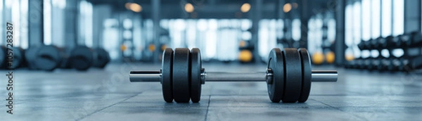 Fototapeta close up view of dumbbell on gym floor, showcasing fitness equipment in modern gym environment. atmosphere is energetic and motivating