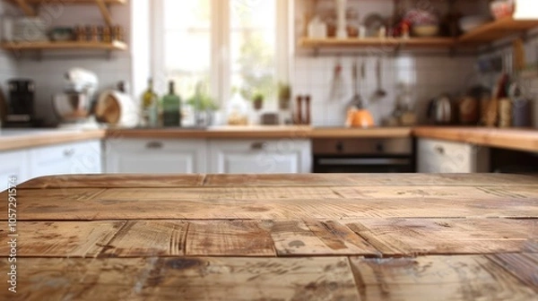 Fototapeta Wooden table in a kitchen setting with blurred background
