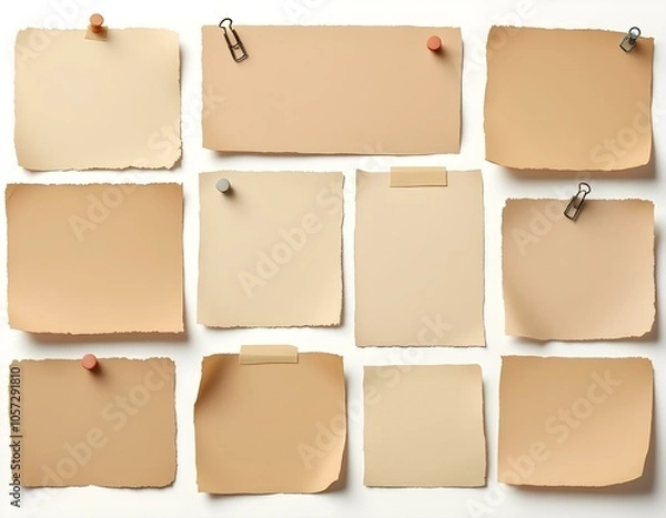 Obraz Vintage Blank Paper Notes Collection with Tape, Pins and Clips on White Background - Realistic Textured Design for Scrapbooking and Collage