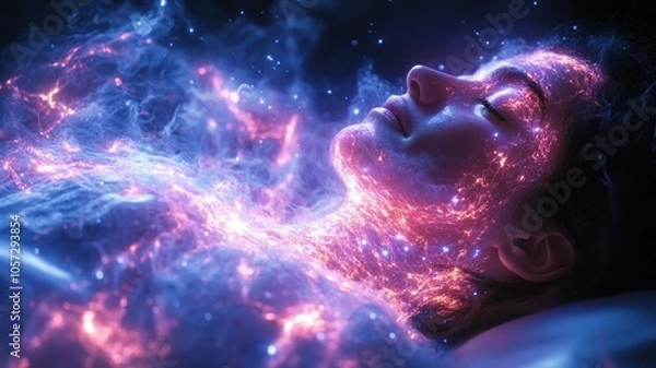 Fototapeta Ethereal figure surrounded by cosmic energy and vibrant colors.