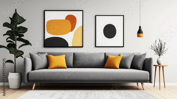 Obraz Modern living room interior with a gray sofa, two orange pillows, abstract wall art, a potted plant, a pendant lamp, and a small wooden side table with a vase.