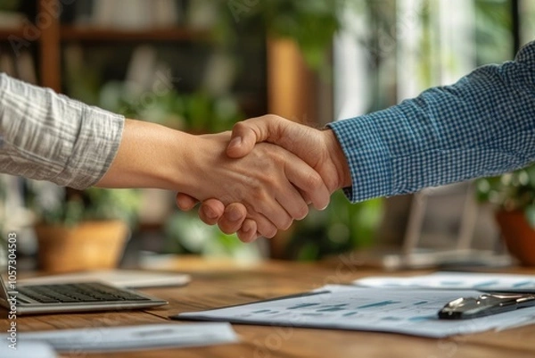 Obraz client and banker shaking hands  on the meeting table after business investment budget done, Generative AI