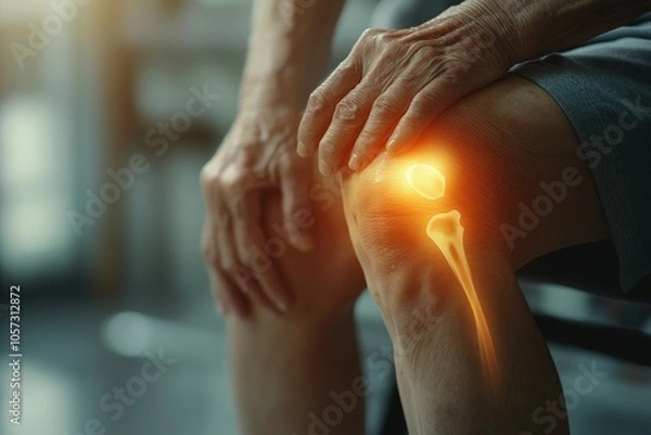 Fototapeta Arthritis is a chronic disease problem in elderly healthcare, Asian old female touching her leg feeling pain in her knee joint, and can't walk properly because of inflammation and, Generative AI