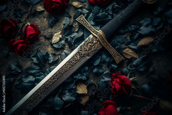 Fototapeta Medieval knight sword lying on background of red roses...