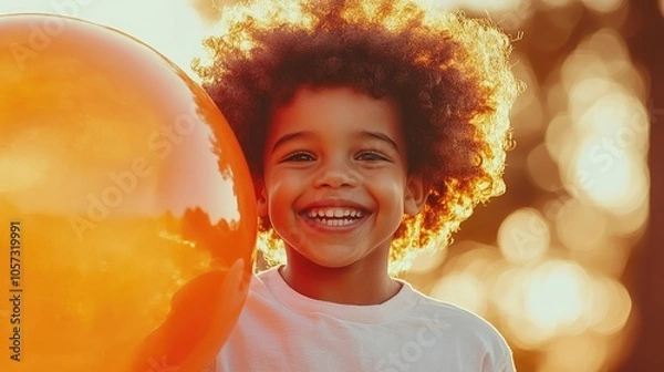 Fototapeta A cheerful young boy with curly hair plays with a big orange ball smiling at the camera in an outdoor setting