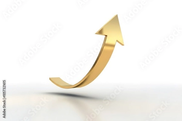 Fototapeta 3D golden arrow curving upwards against a white background.