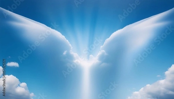 Fototapeta White wings of light - wings shape cloud providing a blue white calming blue background abstract