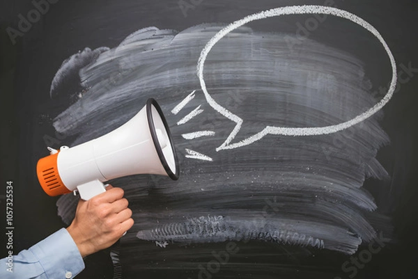 Fototapeta Hand with megaphone points to chalkboard with empty speech bubble
