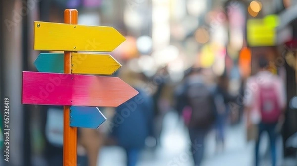 Fototapeta A colorful directional signpost stands in a bustling street, guiding pedestrians amidst a blurred backdrop of people and shops.
