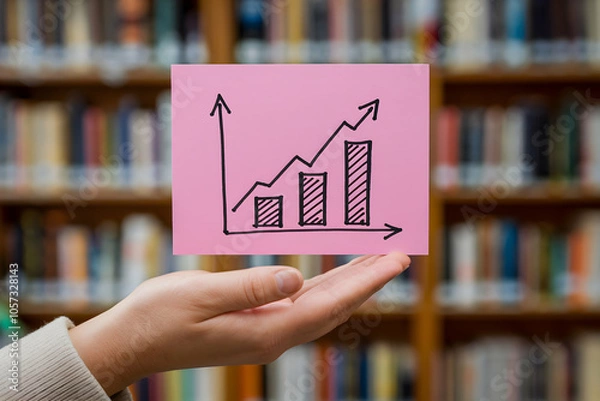 Obraz Hand presents card with upward trend graph against blurred books