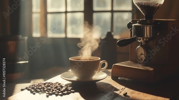 Fototapeta A rustic coffee setup with a steaming cup, roasted beans