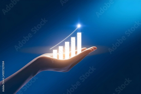 Obraz Hand presents holographic bar graph, symbolizing growth