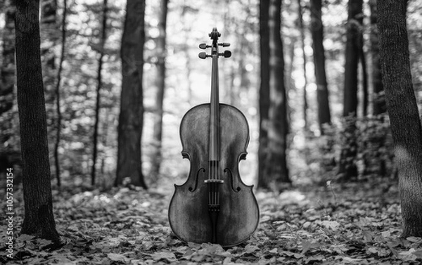 Obraz Cello in Forest with Trees and Soft Natural Light Black and White Image

