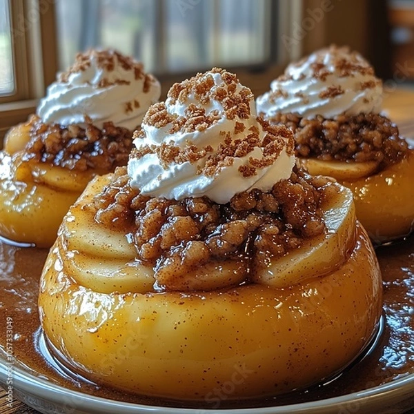 Obraz Baked apple dessert with whipped cream and crumble topping.