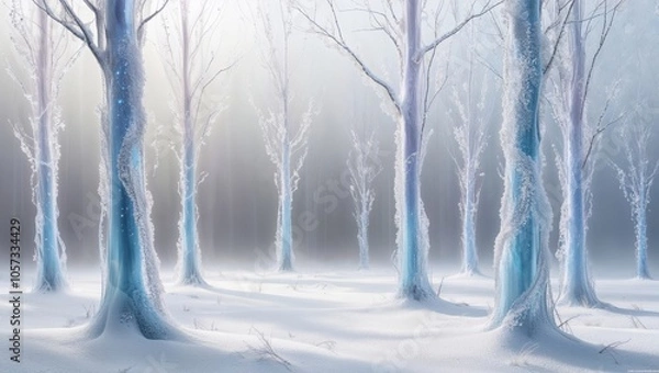 Fototapeta Winter forest landscape featuring frosty trees in a serene setting with soft light filtering through a snowy atmosphere