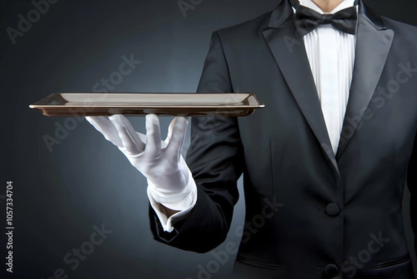 Obraz Gloved hand presents empty tray, suggesting anticipation of service and elegance
