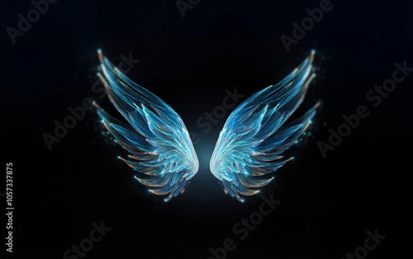 Fototapeta Abstract blue and gold wings with glowing edges on a black background.
