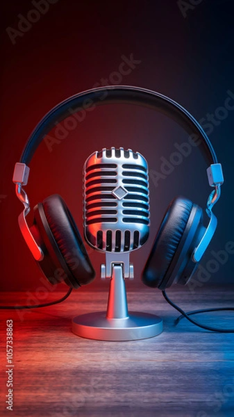Obraz Vintage microphone on table with headphones, red blue background for nostalgic feel Vertical Mobile Wallpaper