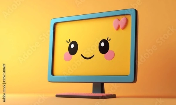 Fototapeta 3D cartoon computer monitor with a cute, smiling face on the screen, tech and friendly