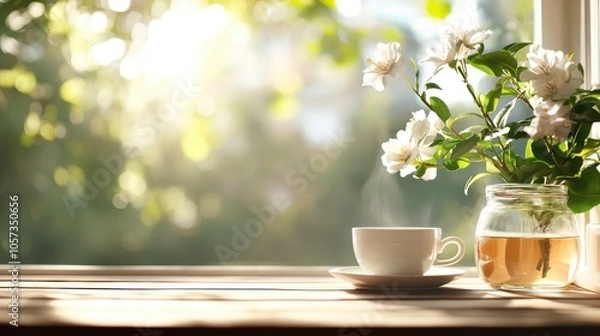 Obraz A delicate cup of tea on a table surrounded by white flowers, illuminated by soft, dappled sunlight through a nearby window, offering a peaceful, serene mood.