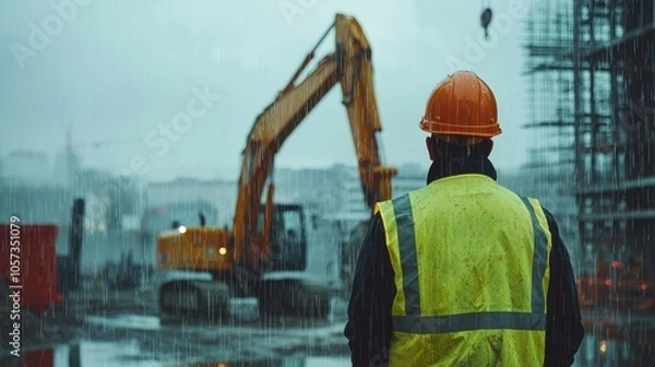 Fototapeta The back of an engineer wearing a yellow vest and orange helmet stands in front of an excavator on a construction site, with heavy rain falling from the sky. It is a rainy day with a blurred backgroun