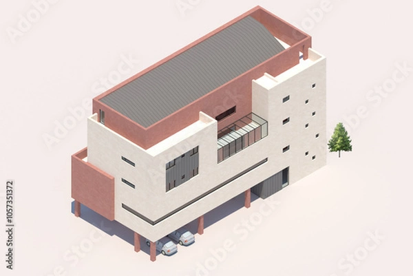 Obraz 3d render of a house, Isometric modeling of modern Multi-Level Brick Facade Building with Open Parking and Rooftop Terrace