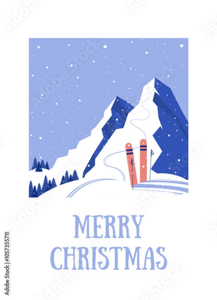 Fototapeta Merry Christmas. Winter days.Hello,Winter.Greeting text with skis and fir trees in the mountains for cold season celebration. Let is Snow.Vector illustration.Great for banners, wallpapers, card