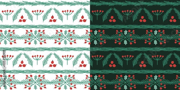 Obraz Hand-drawn christmas background with leaves and berries. Vector seamless holiday pattern