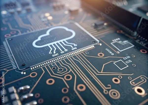 Fototapeta Cloud Computing Technology Concept with Circuit Board - Macro Photography for Digital Innovation and Connectivity