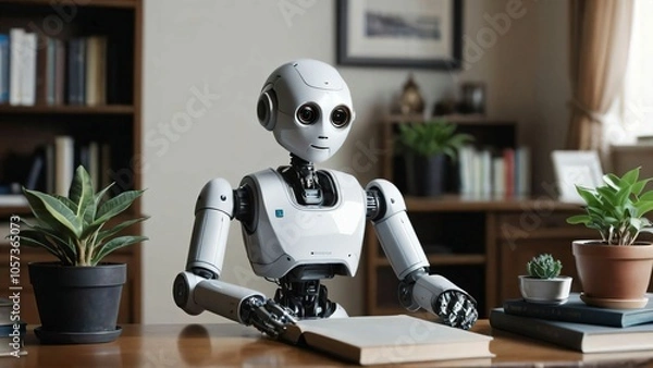 Fototapeta Humanoid robot with books at home