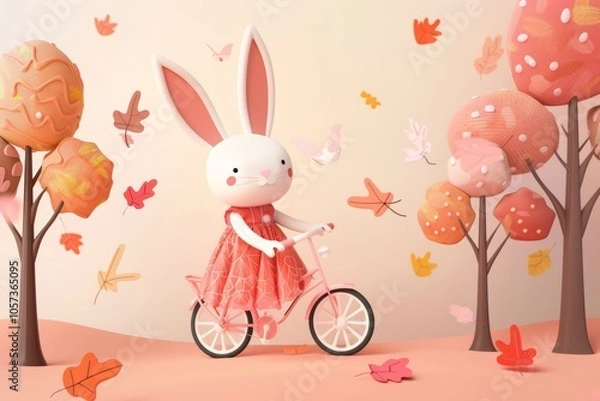 Fototapeta Whimsical autumn bunny on bicycle