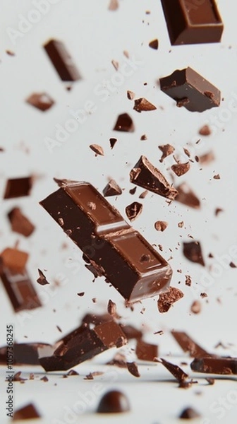 Obraz Explosive delight: Milk chocolate bar shatters mid-air, creating a mesmerizing display of rich, velvety shards and crumbs against a soft white backdrop.